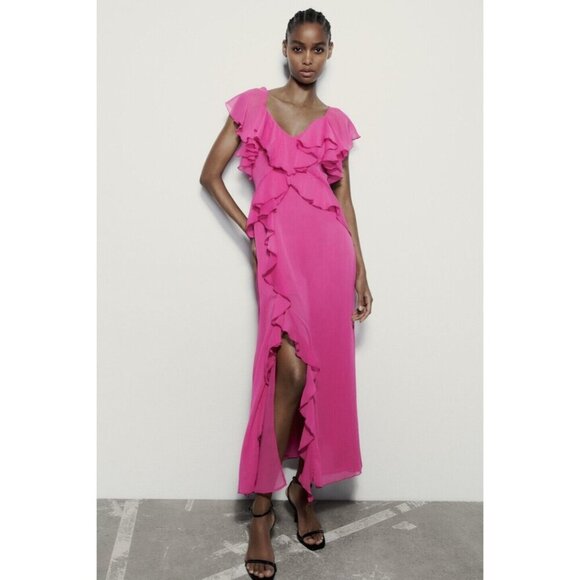 NWT Zara Magenta Pink Ruffled Midi Slip Dress Women Size Small - Picture 1 of 10
